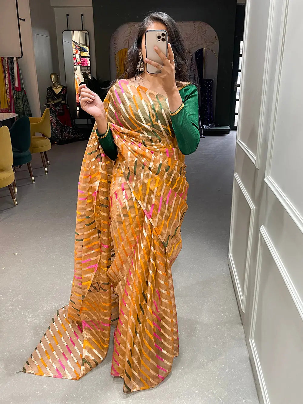 Chiku Color Saree in Zari with Weaving Work - Colorful Saree