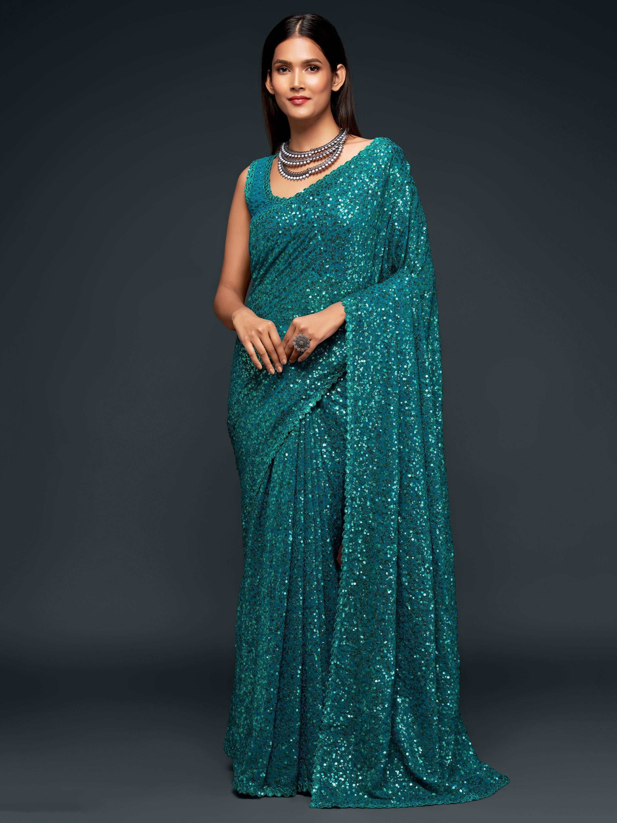 Attractive Teal  Blue Sequined Georgette Party Wear Saree - Colorful Saree