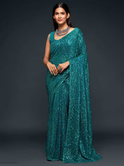 Attractive Teal  Blue Sequined Georgette Party Wear Saree - Colorful Saree