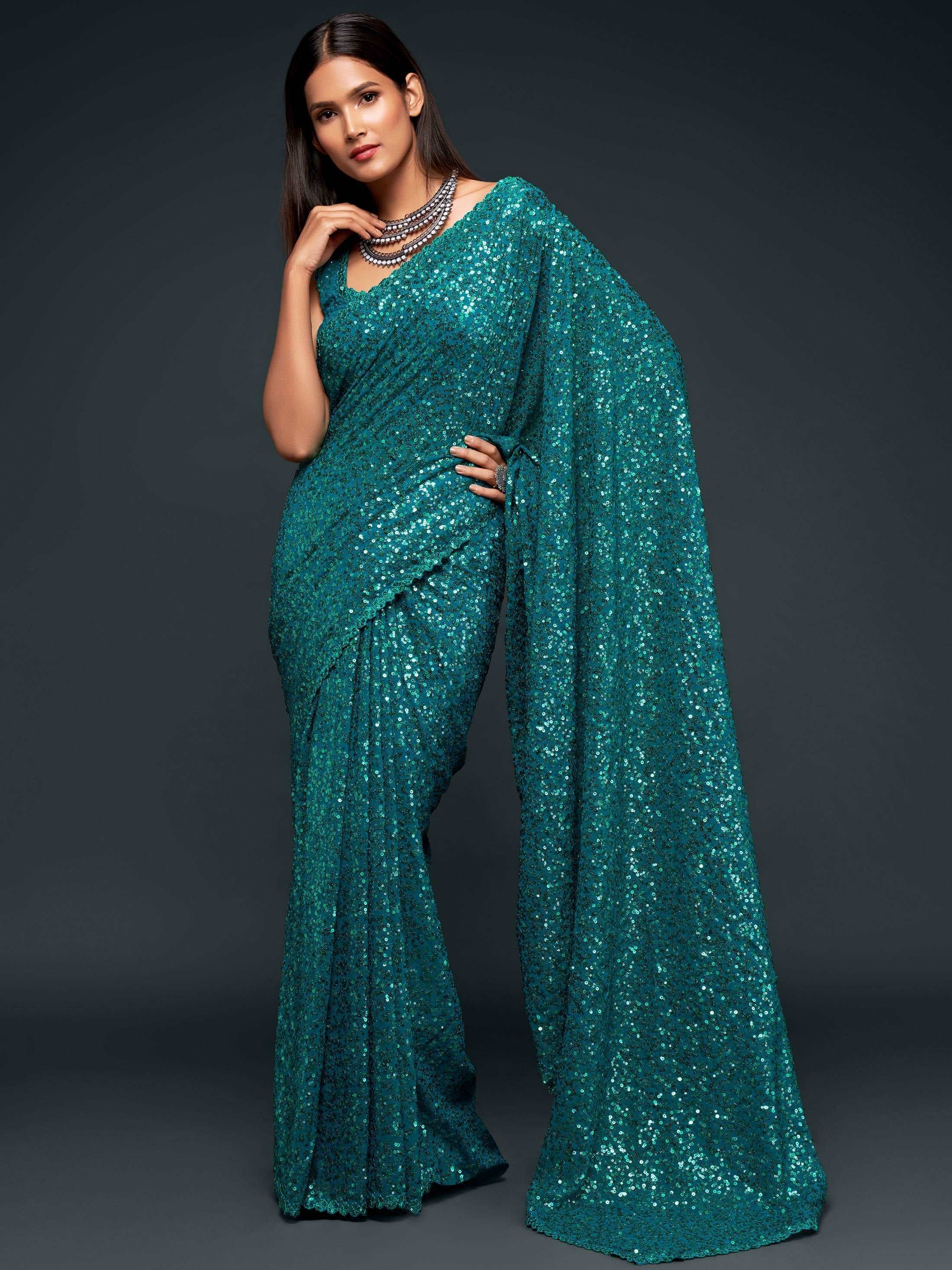 Attractive Teal  Blue Sequined Georgette Party Wear Saree - Colorful Saree