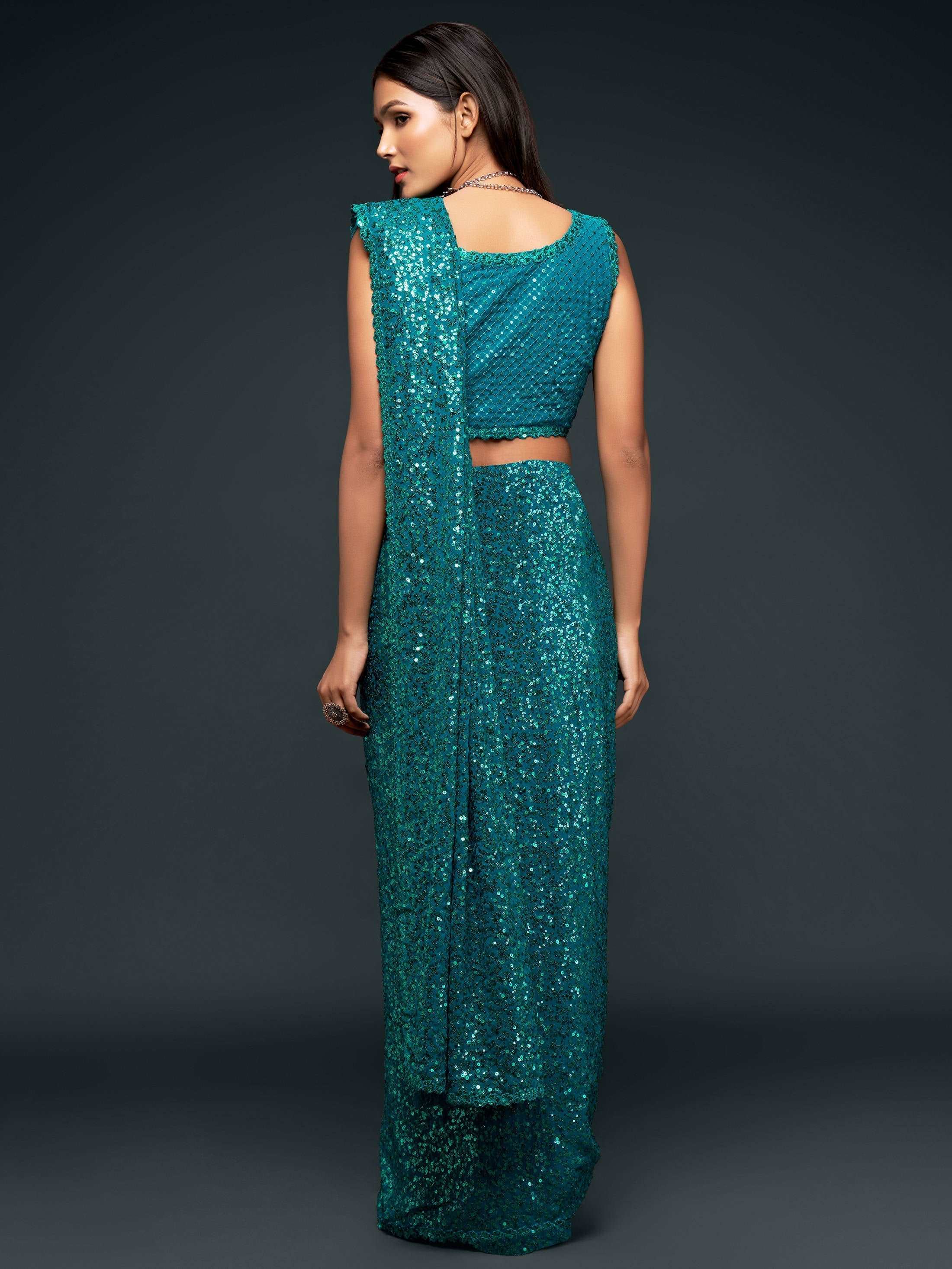 Attractive Teal  Blue Sequined Georgette Party Wear Saree - Colorful Saree