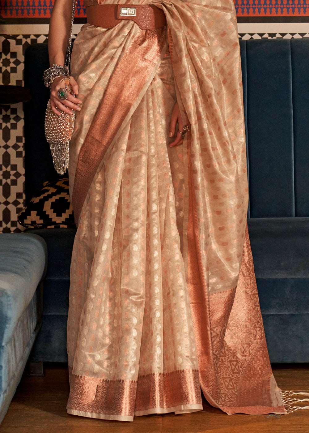 Beige Brown Zari Woven Tissue Silk Saree - Colorful Saree