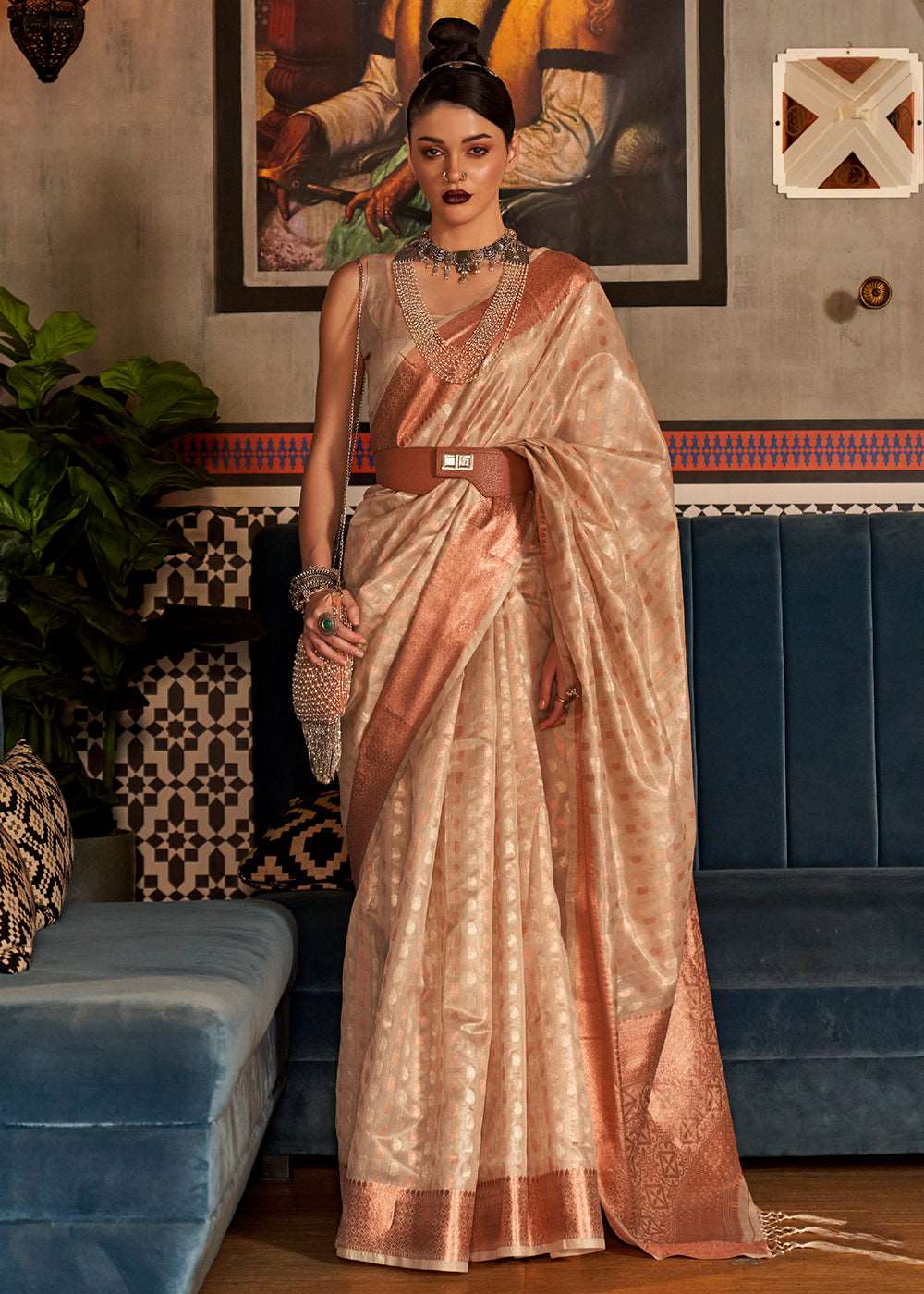 Beige Brown Zari Woven Tissue Silk Saree - Colorful Saree