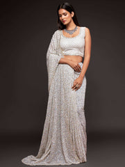 Beautiful Pearl White Sequined Georgette Party Wear Saree - Colorful Saree