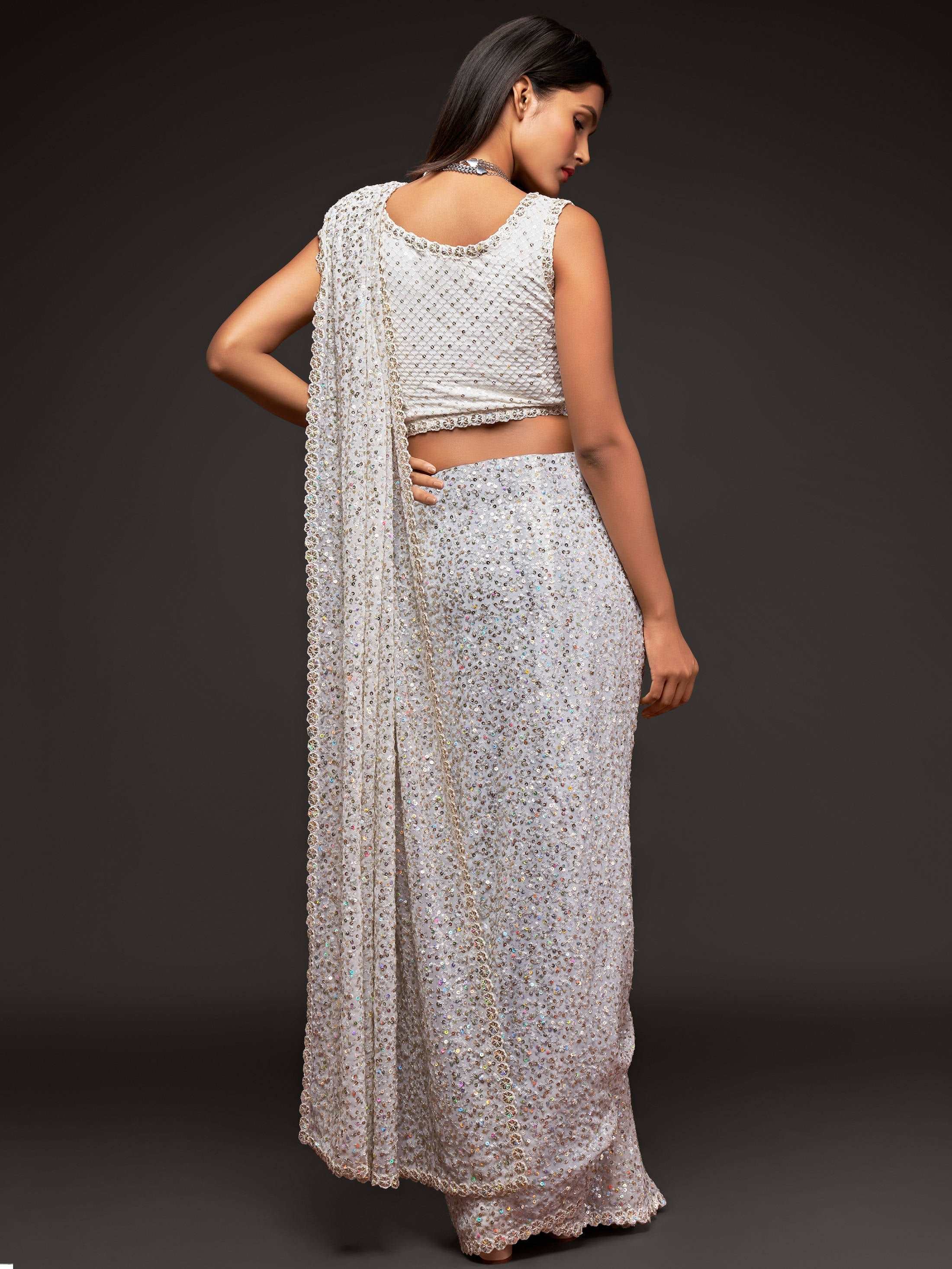 Beautiful Pearl White Sequined Georgette Party Wear Saree - Colorful Saree