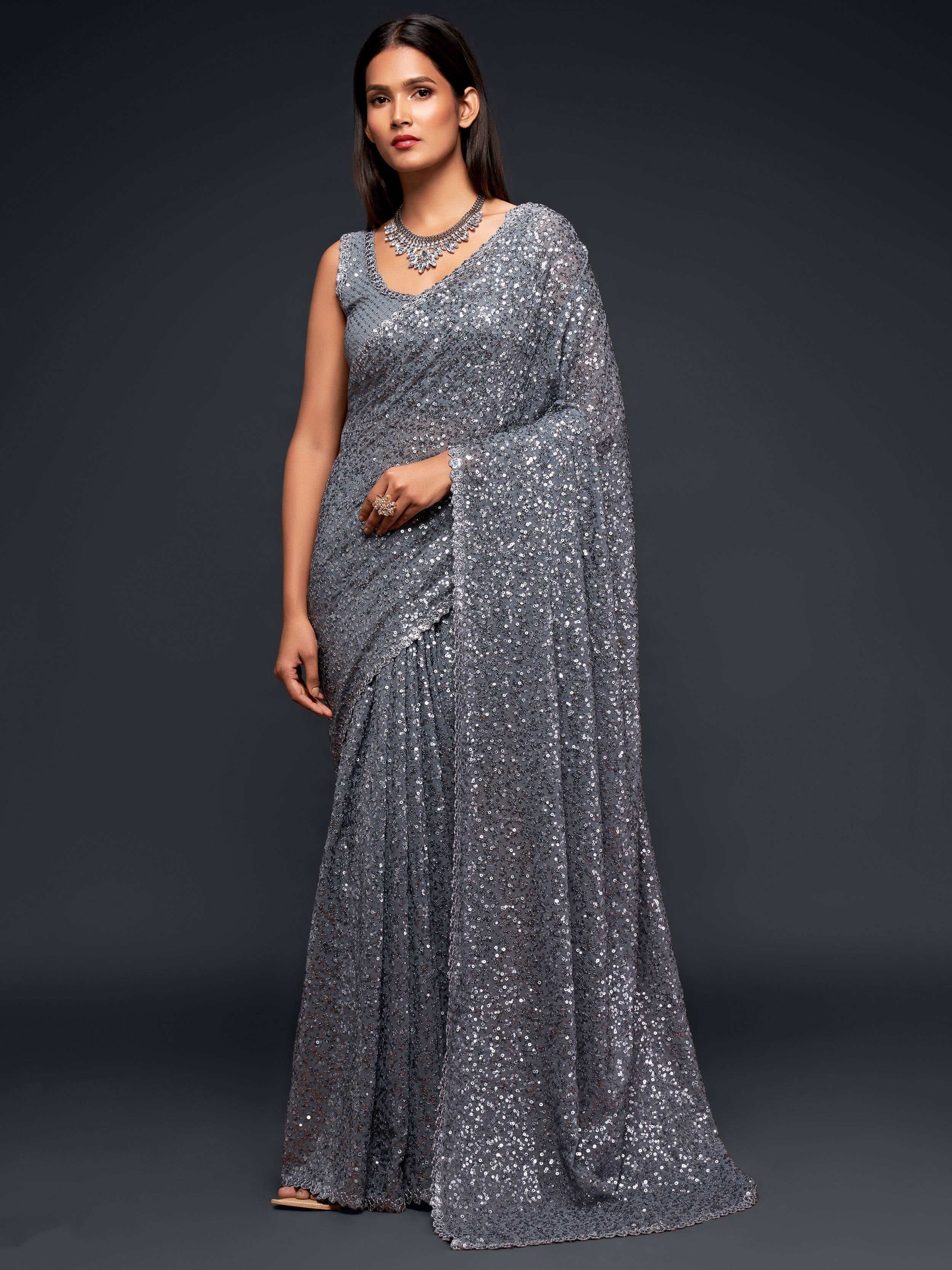 Amazing Slate Grey Sequined Georgette Party Wear Saree - Colorful Saree