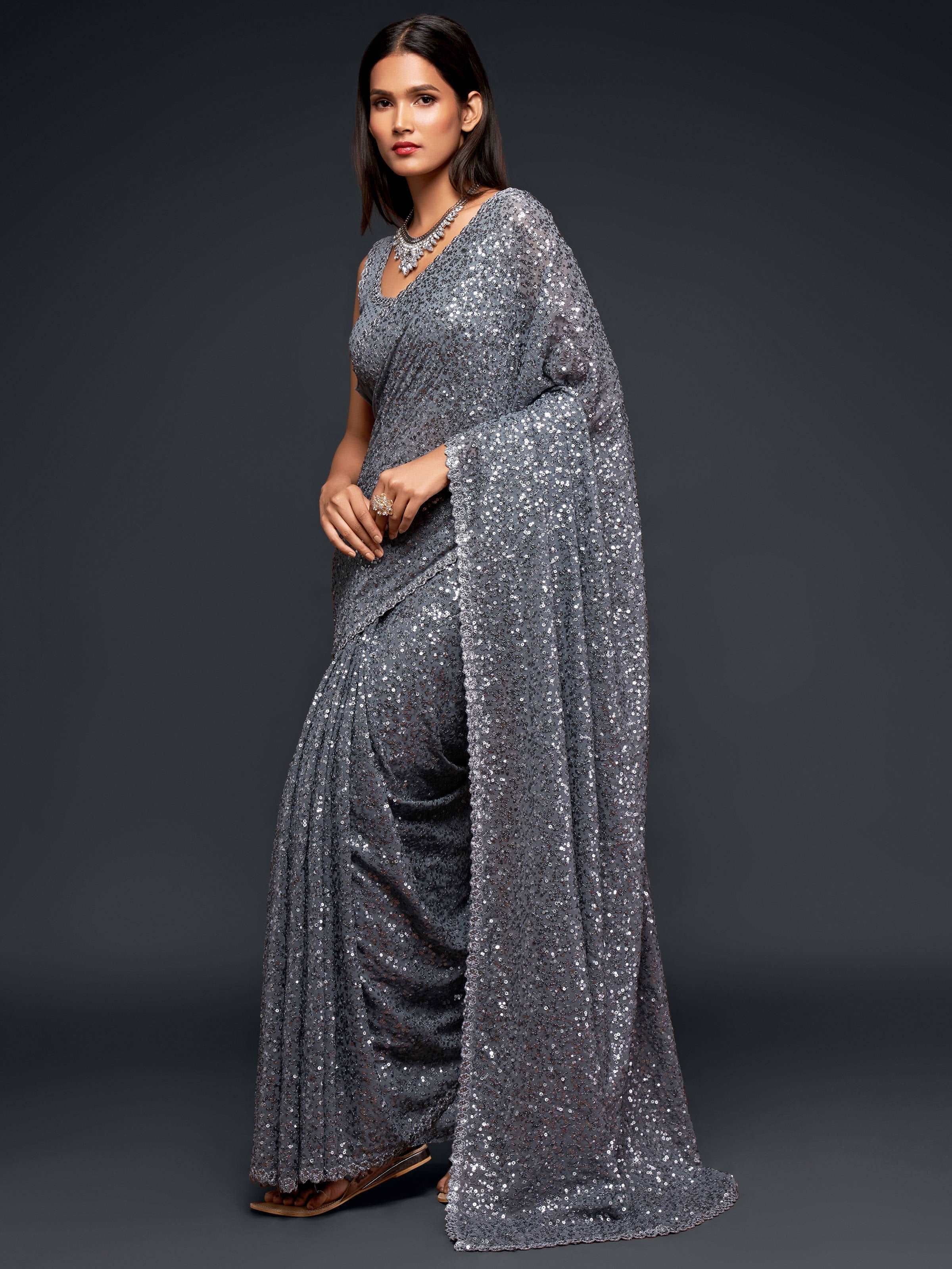 Amazing Slate Grey Sequined Georgette Party Wear Saree - Colorful Saree