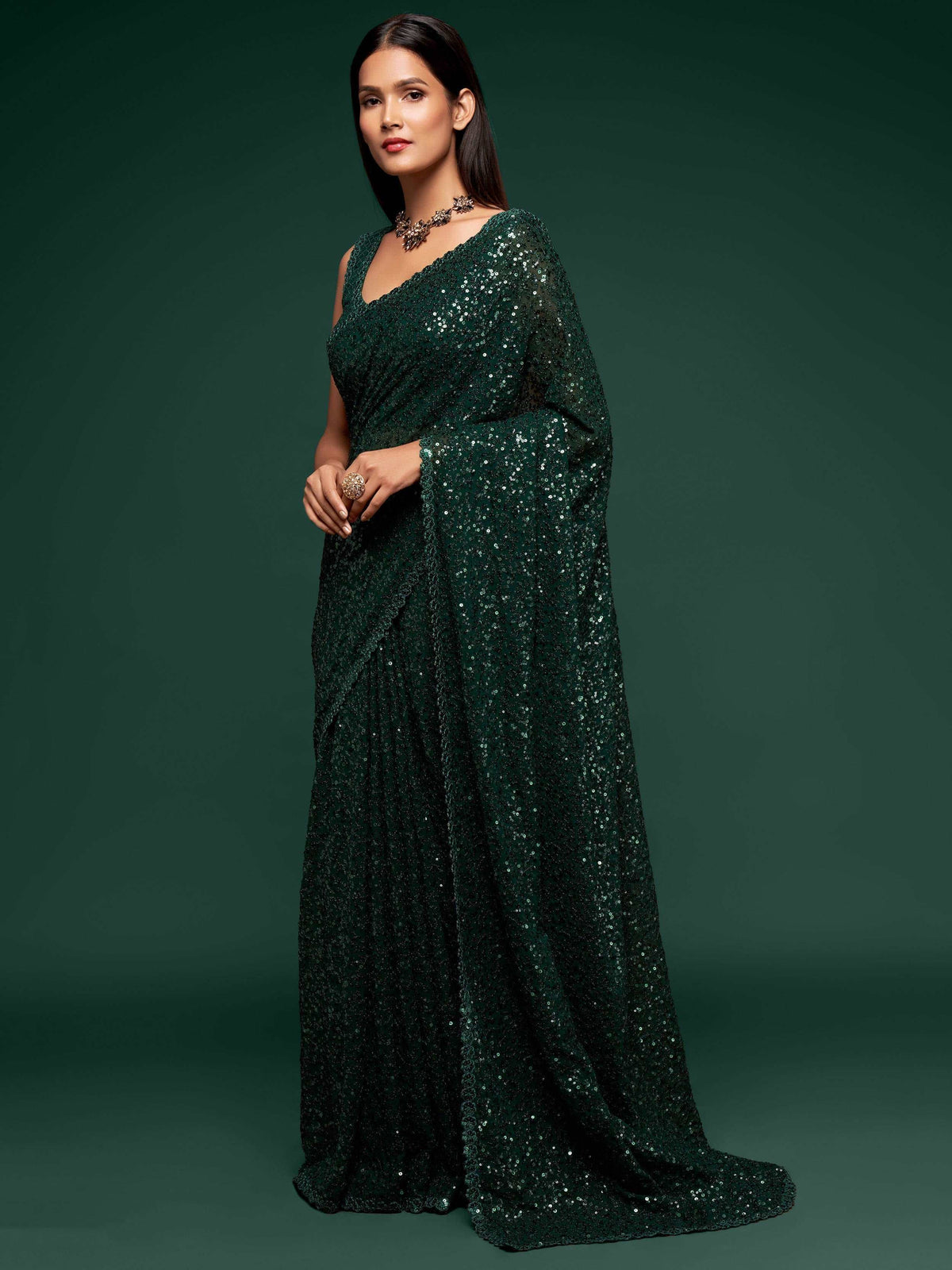 Awesome Deep Green Sequined Georgette Party Wear Saree - Colorful Saree