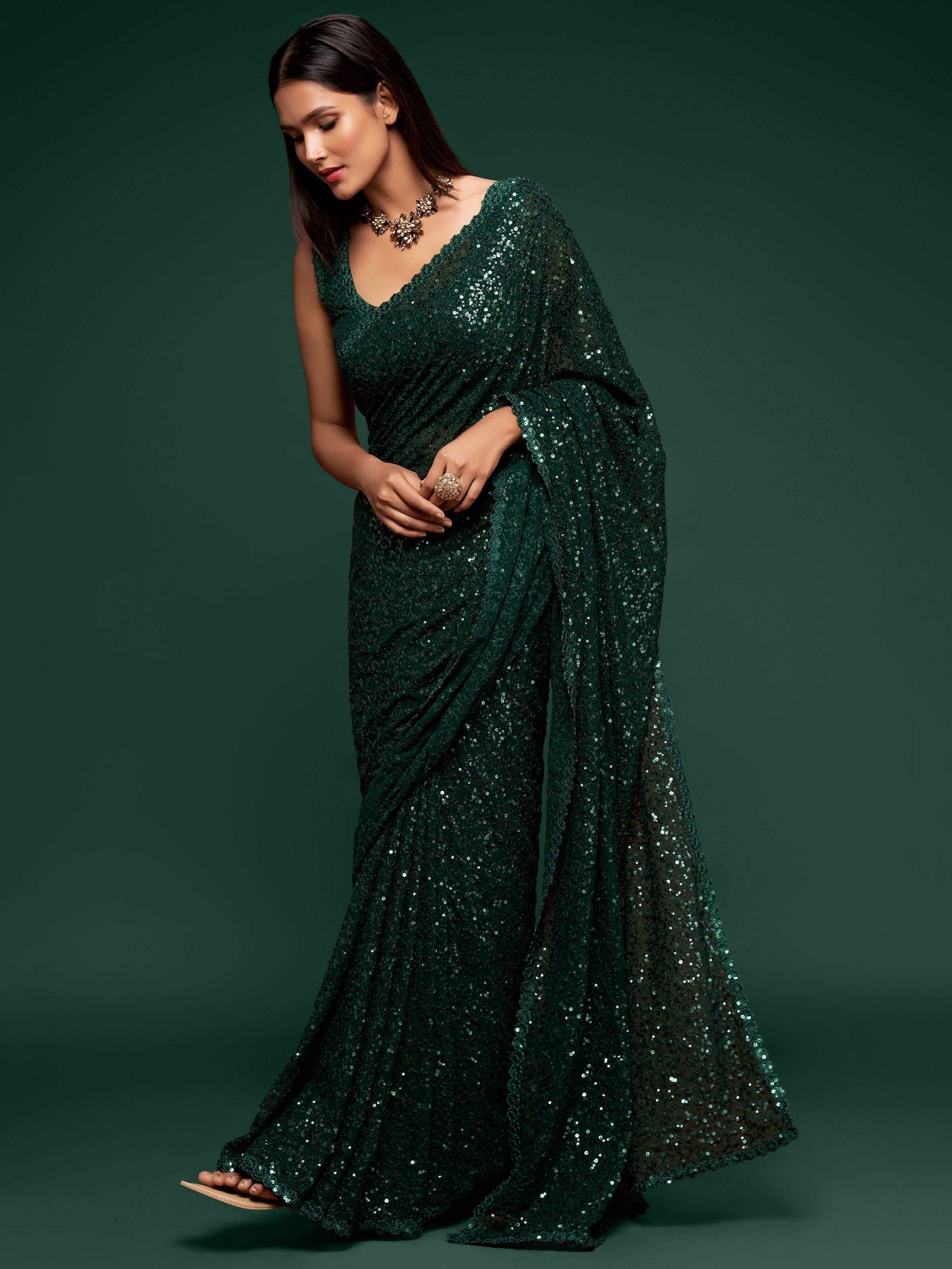 Awesome Deep Green Sequined Georgette Party Wear Saree - Colorful Saree