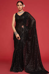 Adorable Black Sequined Georgette Party Wear Saree - Colorful Saree