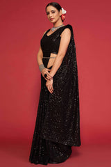 Adorable Black Sequined Georgette Party Wear Saree - Colorful Saree