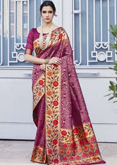 Begonia Pink and Golden Blend Silk Saree with Floral Woven Border and Pallu - Colorful Saree