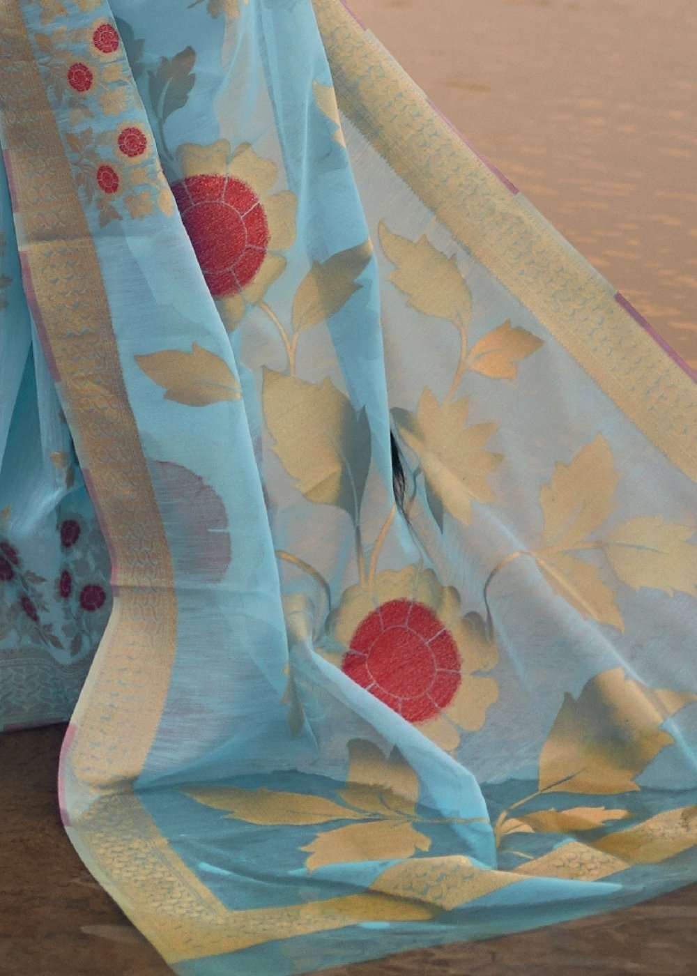 Azure Blue Woven Linen Silk Saree with Floral Motif on Pallu and Border - Colorful Saree