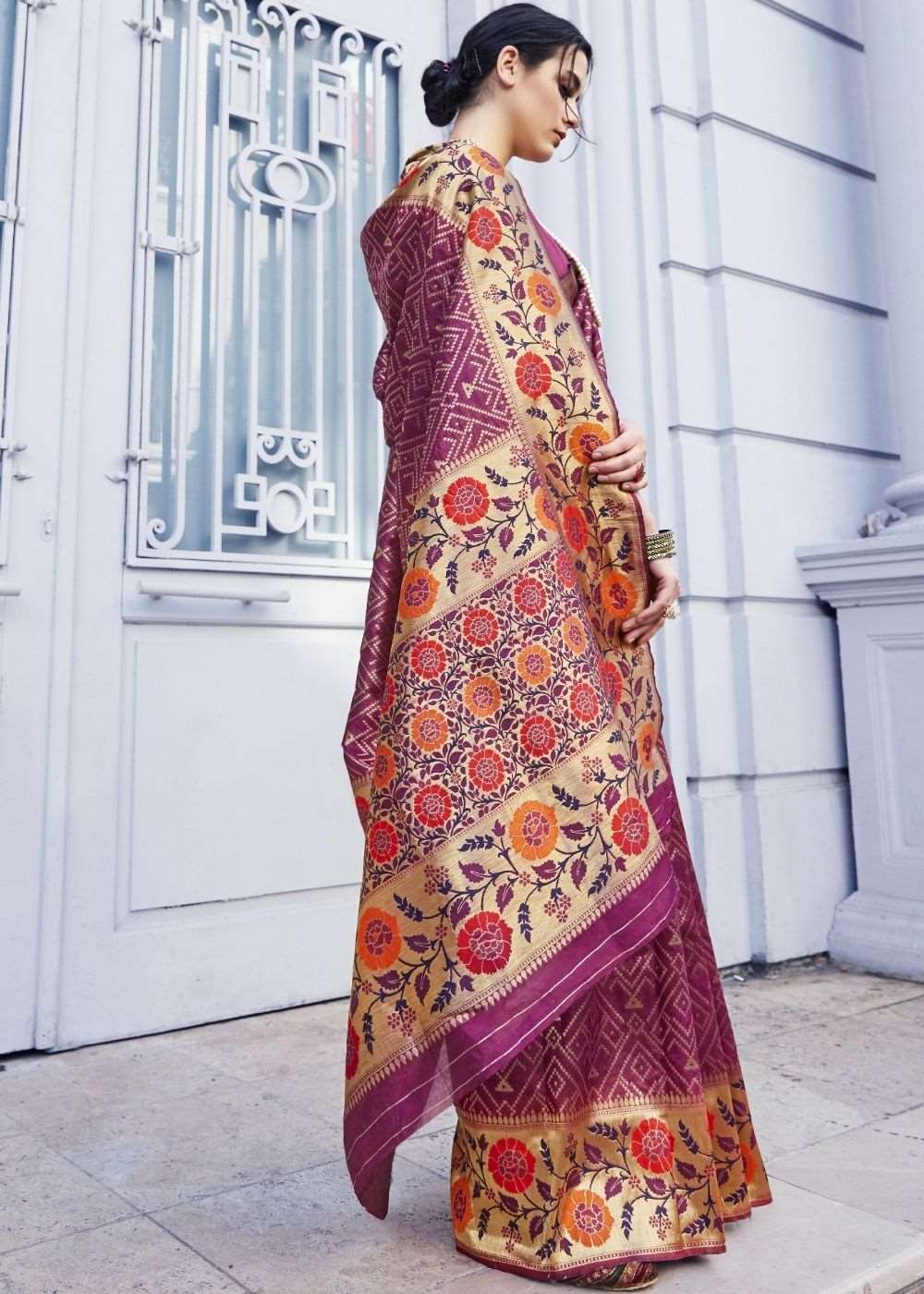 Begonia Pink and Golden Blend Silk Saree with Floral Woven Border and Pallu - Colorful Saree