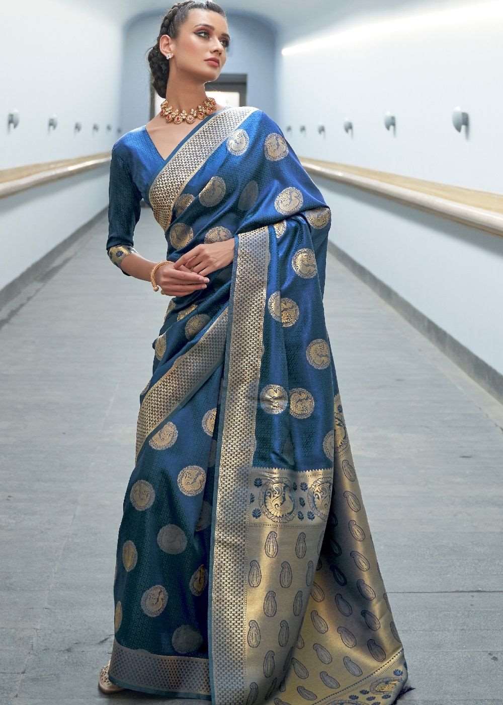 Aegean Blue Woven Banarasi Silk Saree with overall Butti - Colorful Saree