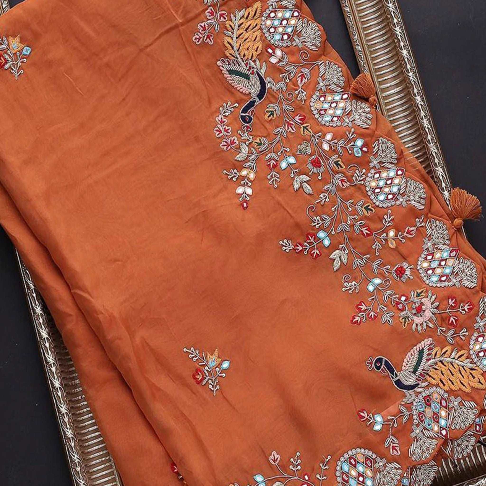Beautiful Organza Orange Saree with Embroidery work and Contrast matching Mehendi Blouse - Colorful Saree