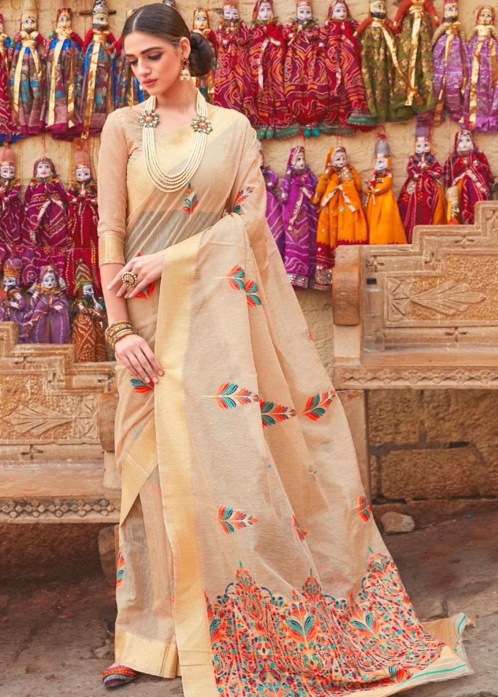 Beige Linen Silk Saree with Colorful Weaving work - Colorful Saree
