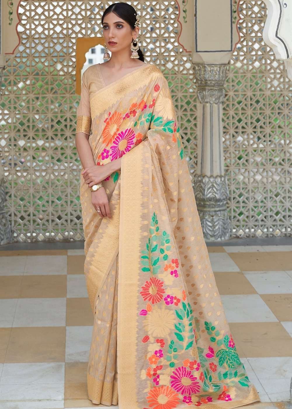 Beige Brown Floral Embroidered Linen Silk Saree - Colorful Saree