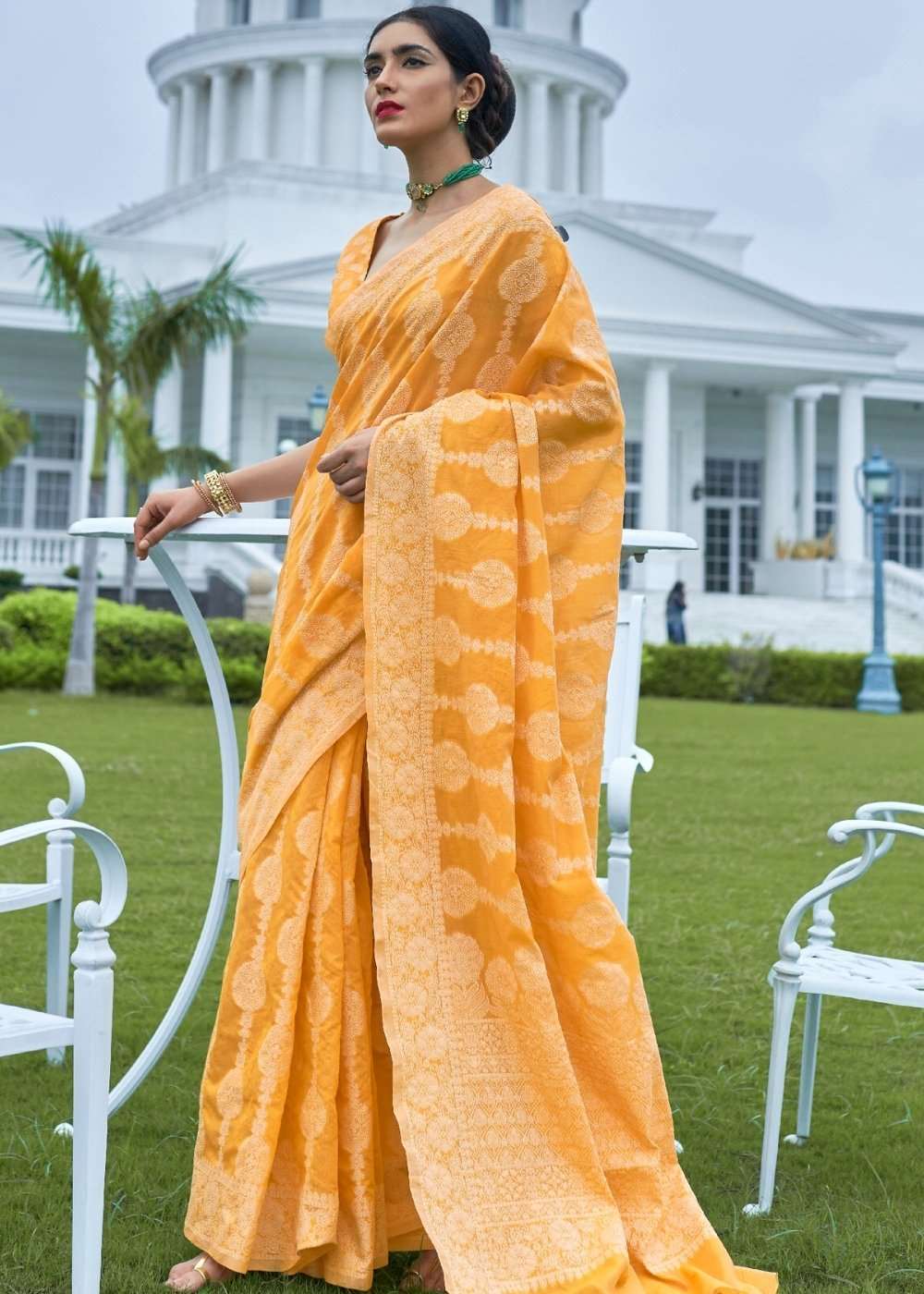 Amber Yellow Lucknowi Chikankari Weaving Silk Saree - Colorful Saree