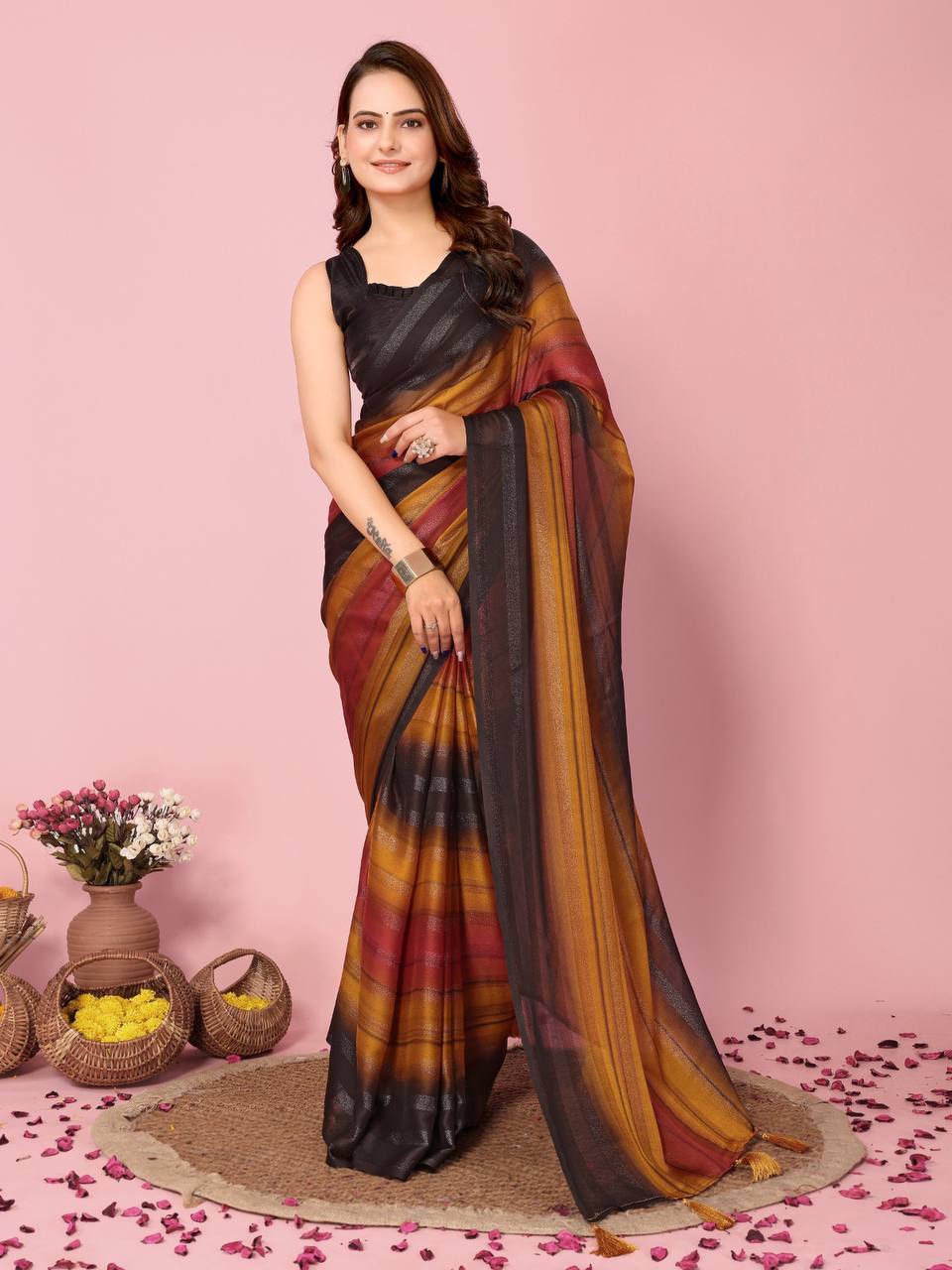 Rangoli Zari Silk Colorfull Saree Fabric with Mono Banglory Blouse Piece Colorful Saree