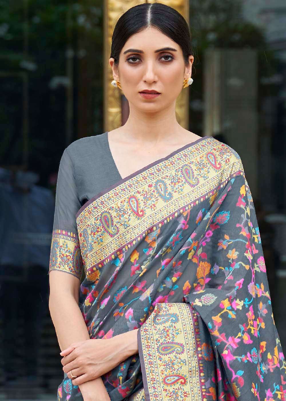 Anchor Grey Banarasi Jamawar Woven Silk Saree - Colorful Saree