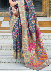 Anchor Grey Banarasi Jamawar Woven Silk Saree - Colorful Saree