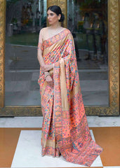 Beige Brown & Pink Banarasi Jamawar Woven Silk Saree - Colorful Saree