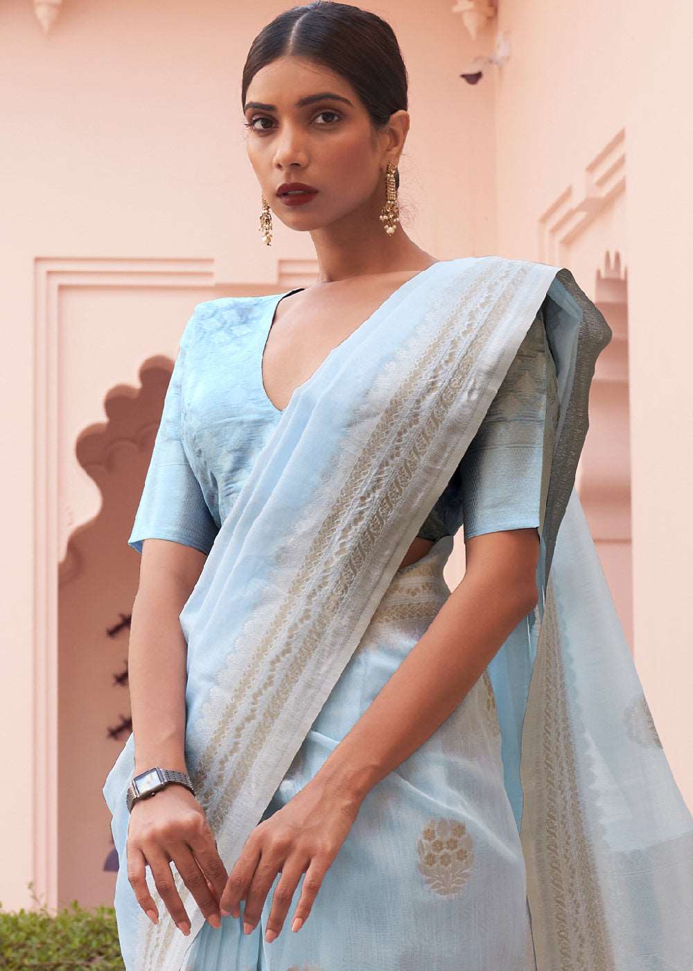 Baby Blue Woven Linen Silk Saree - Colorful Saree