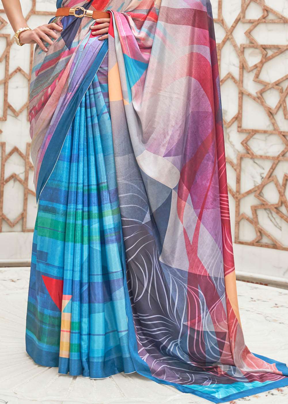 Azure Blue Digital Printed Crepe Silk Saree - Colorful Saree