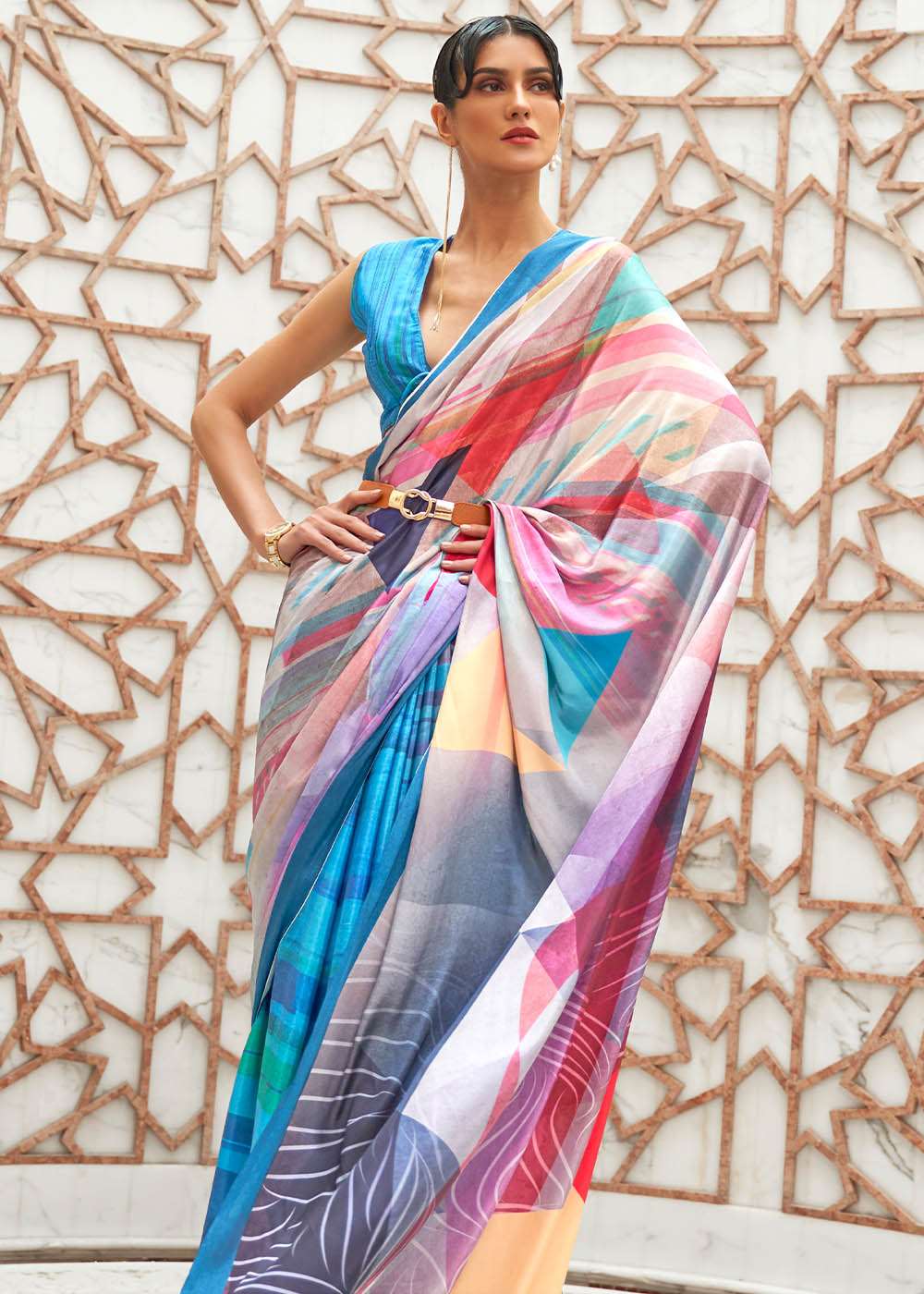 Azure Blue Digital Printed Crepe Silk Saree - Colorful Saree