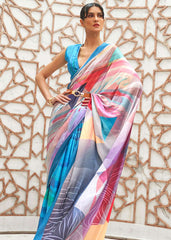 Azure Blue Digital Printed Crepe Silk Saree - Colorful Saree