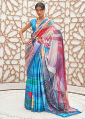 Azure Blue Digital Printed Crepe Silk Saree - Colorful Saree