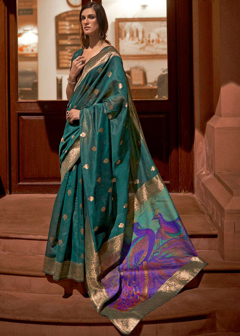 Arabian Green Woven Chanderi Banarasi Fusion Silk Saree - Colorful Saree