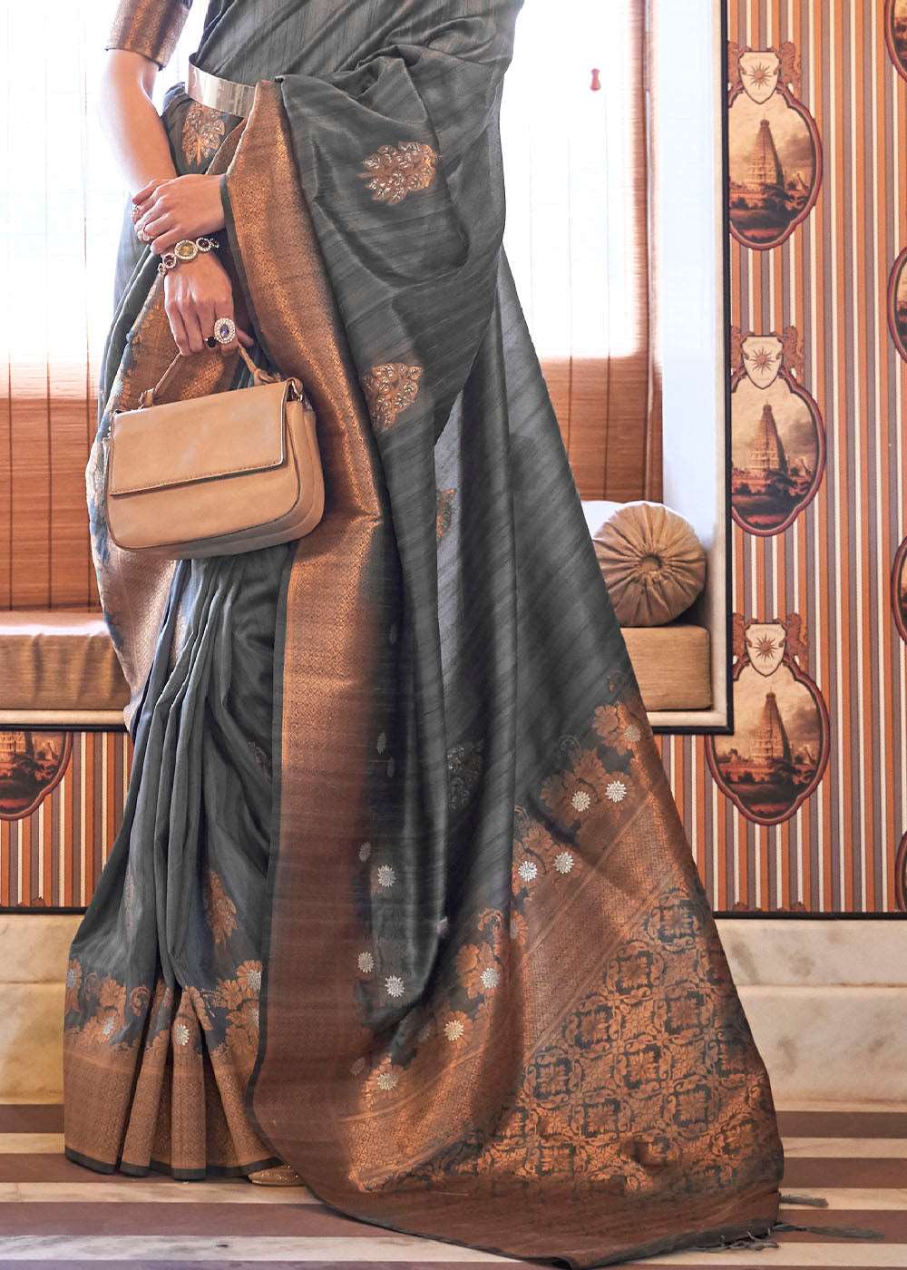 Anchor Grey Copper Zari Woven Tussar Silk Saree - Colorful Saree