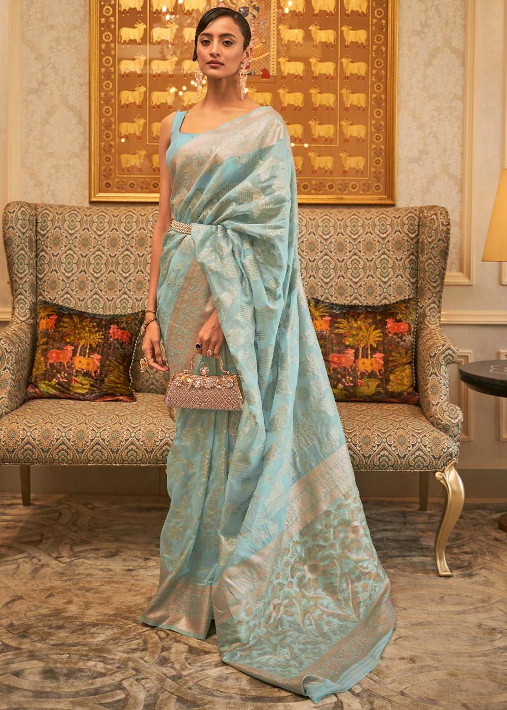 Arctic Blue Handloom Woven Silk Saree with Sequins work - Colorful Saree