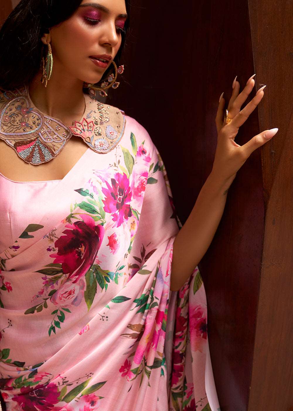 Baby Pink Floral Printed Satin Crepe Saree - Colorful Saree