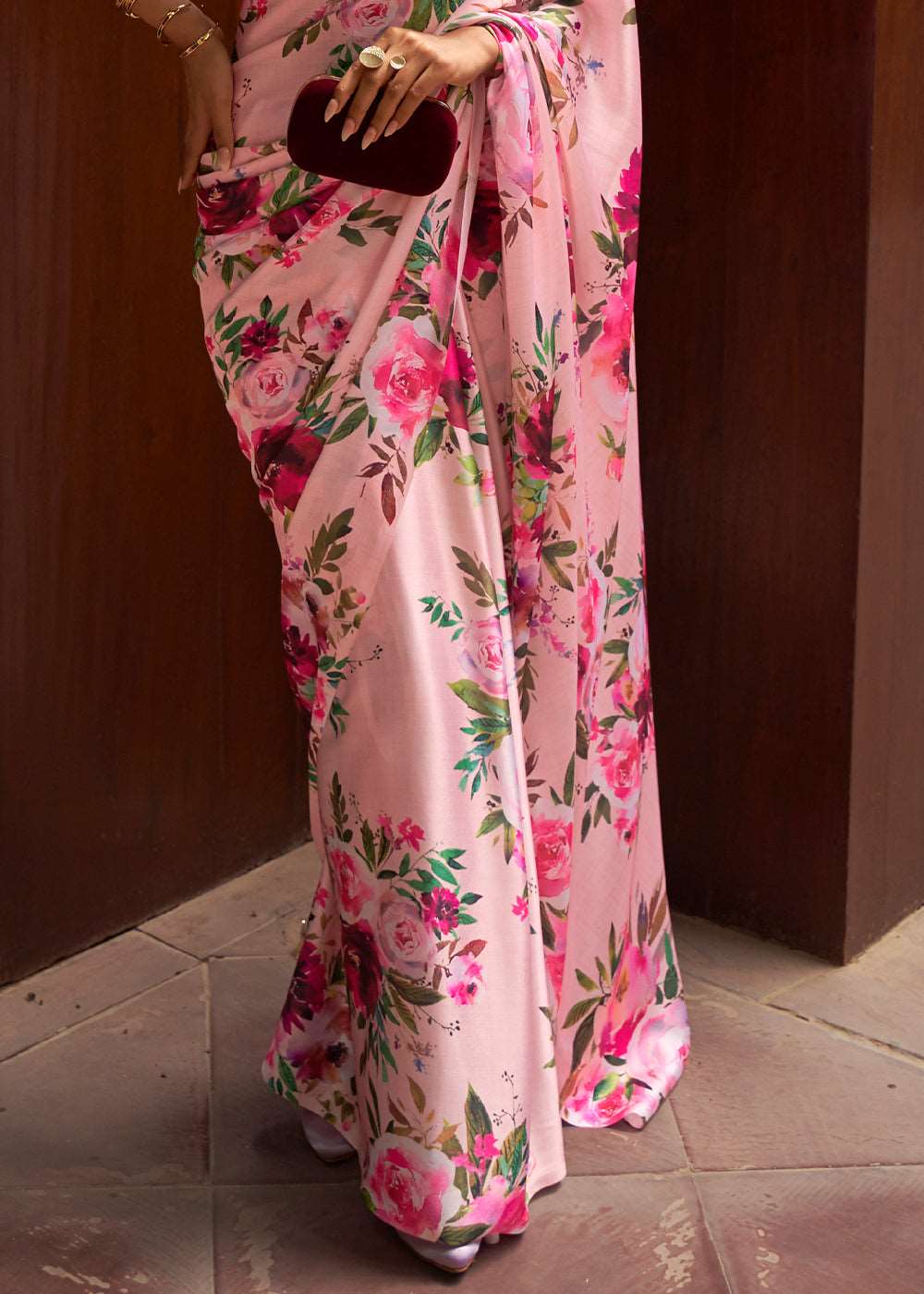 Baby Pink Floral Printed Satin Crepe Saree - Colorful Saree