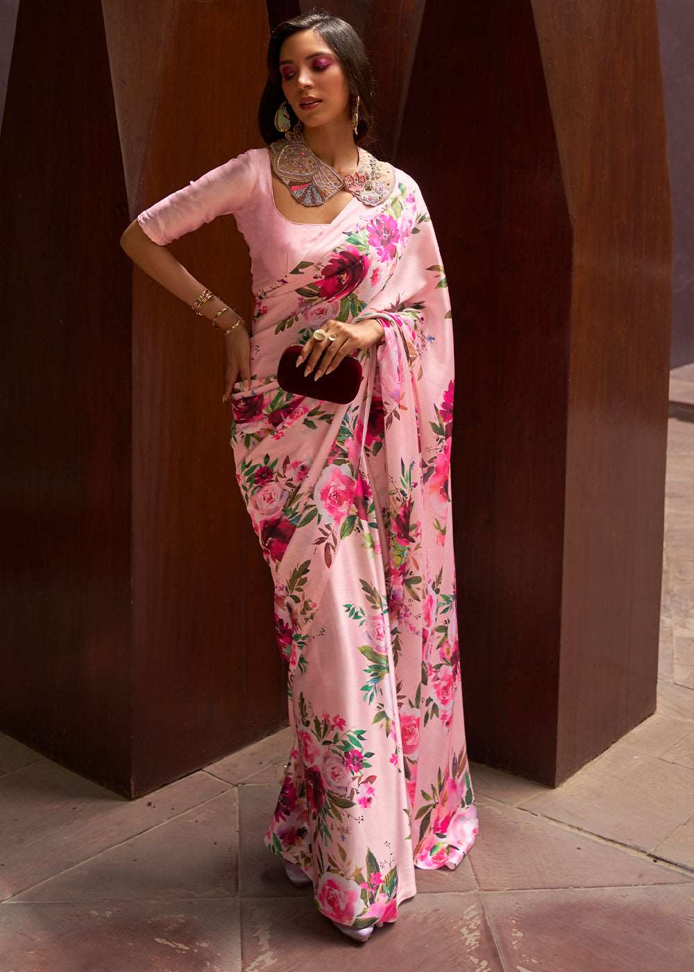 Baby Pink Floral Printed Satin Crepe Saree - Colorful Saree