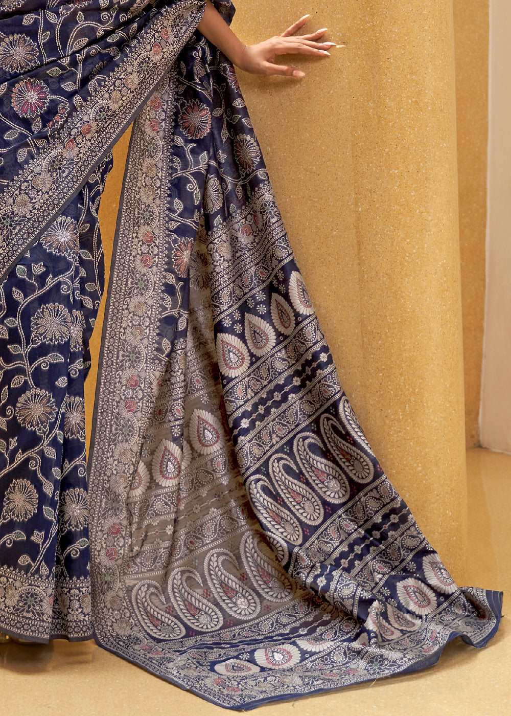 Berry Blue Lucknowi Chikankari Weaving Silk Saree - Colorful Saree