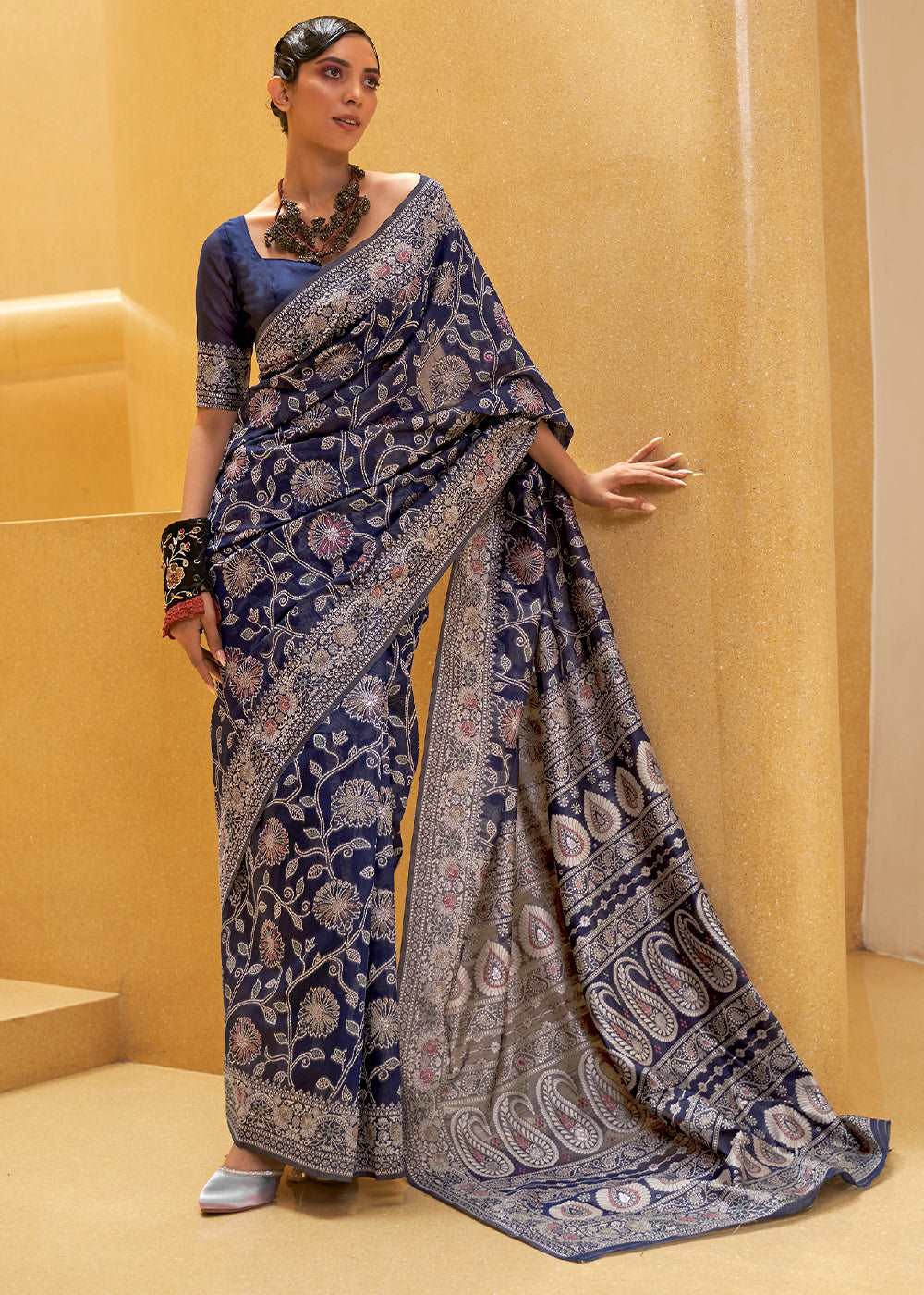 Berry Blue Lucknowi Chikankari Weaving Silk Saree - Colorful Saree