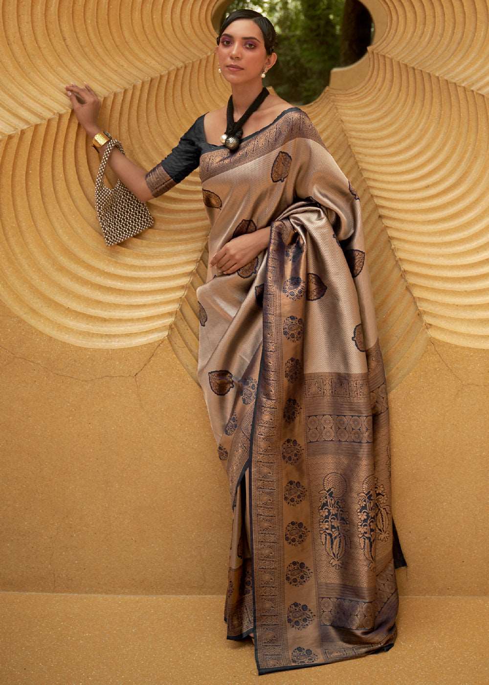 Black & Golden Two Tone Woven Silk Saree - Colorful Saree