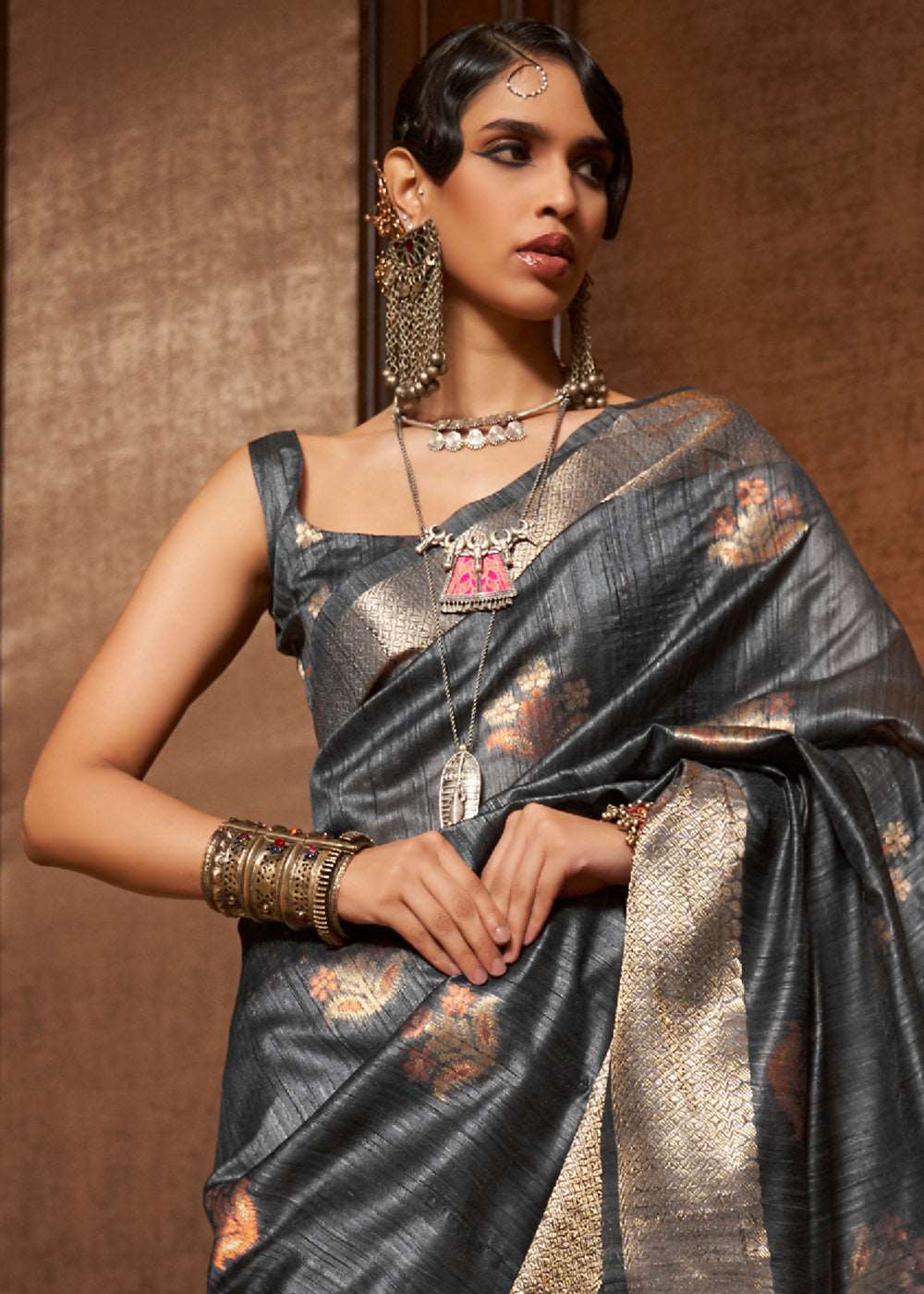 Anchor Grey Handloom Weaving Silk Saree - Colorful Saree