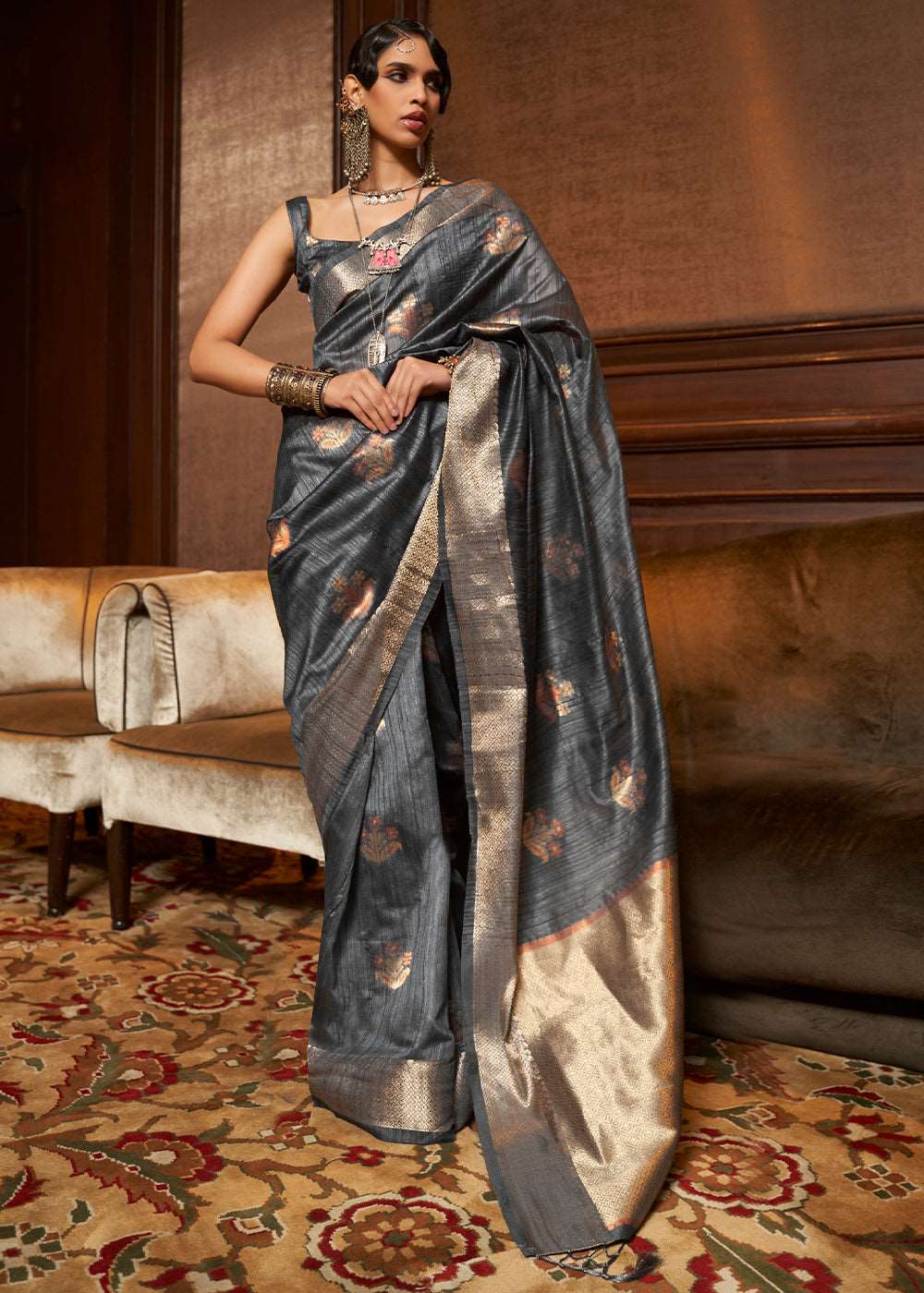 Anchor Grey Handloom Weaving Silk Saree - Colorful Saree
