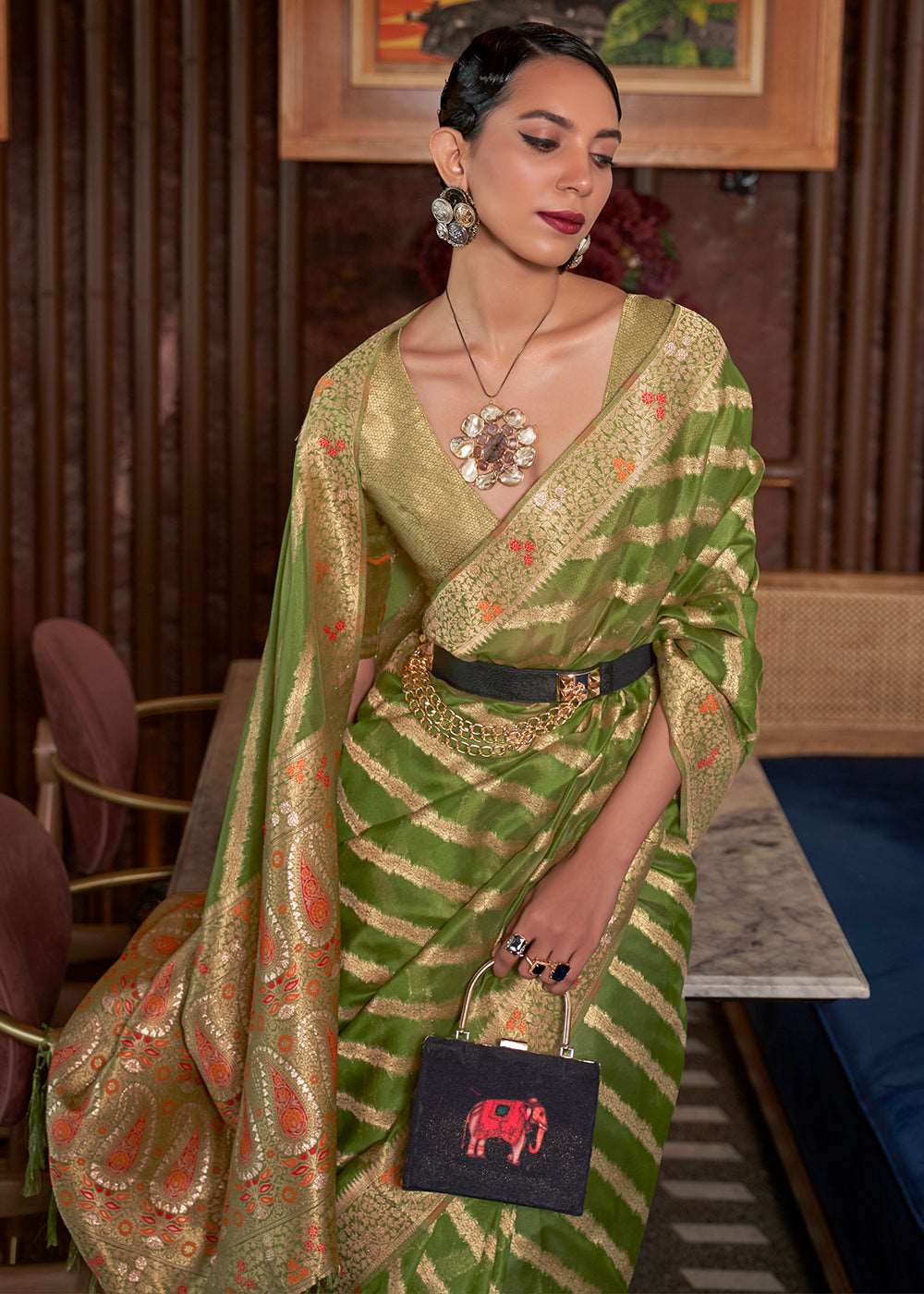 Avocado Green Two Tone Meenakari Weaving Organza Silk Saree - Colorful Saree