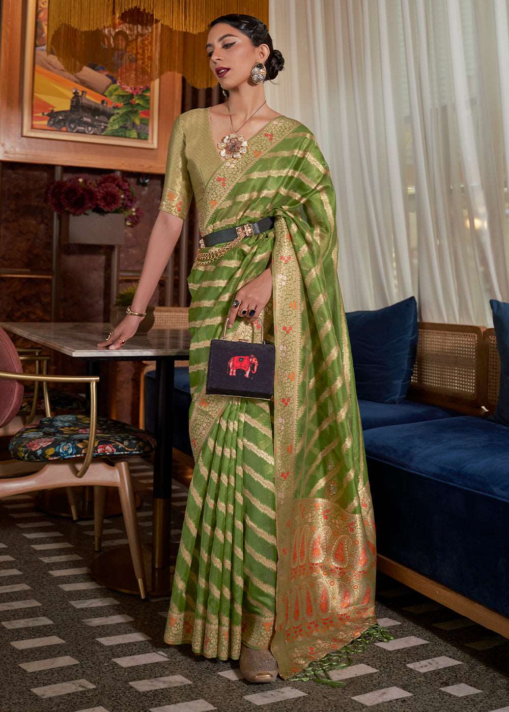 Avocado Green Two Tone Meenakari Weaving Organza Silk Saree - Colorful Saree