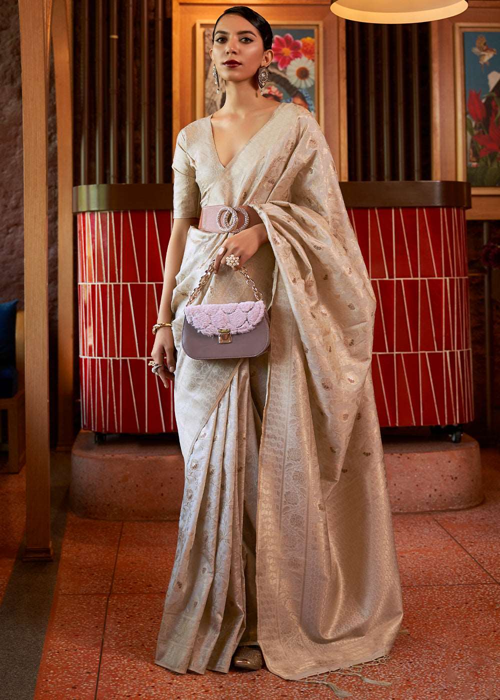 Beige Brown Woven Tussar Silk Saree - Colorful Saree