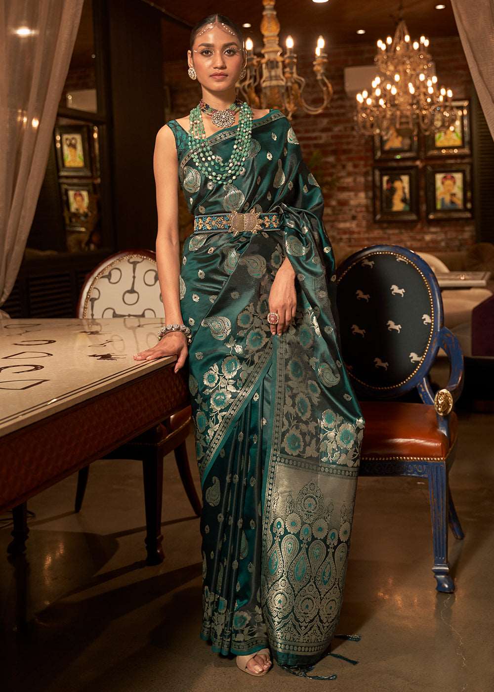 Arabian Green Handloom Woven Satin Silk Saree - Colorful Saree