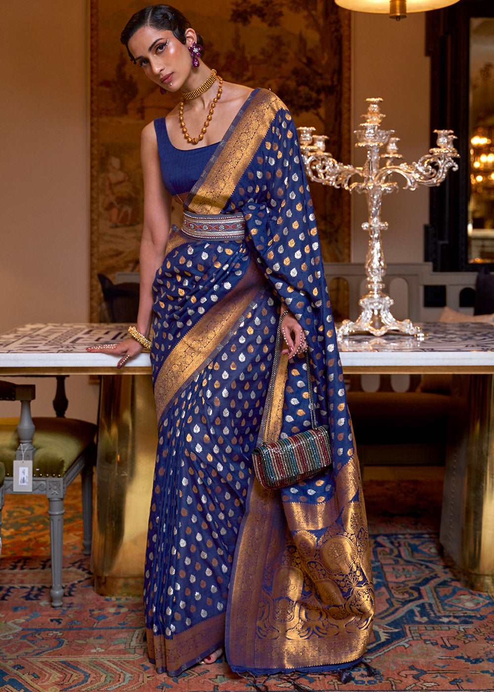 Berry Blue Copper Zari Woven Banarasi Khaddi Silk Saree - Colorful Saree