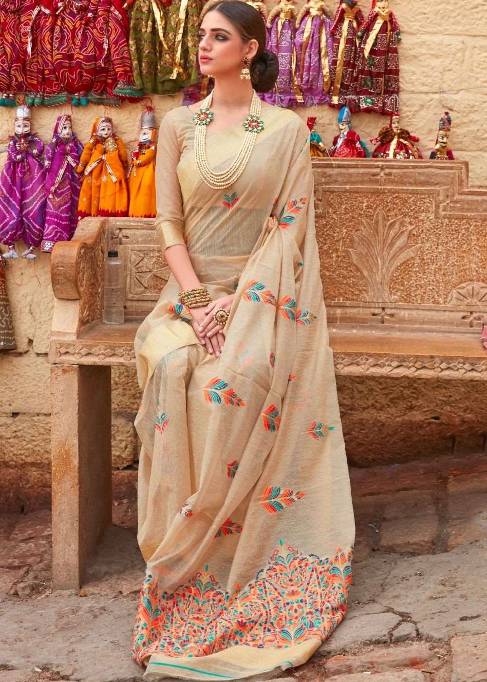 Beige Linen Silk Saree with Colorful Weaving work - Colorful Saree