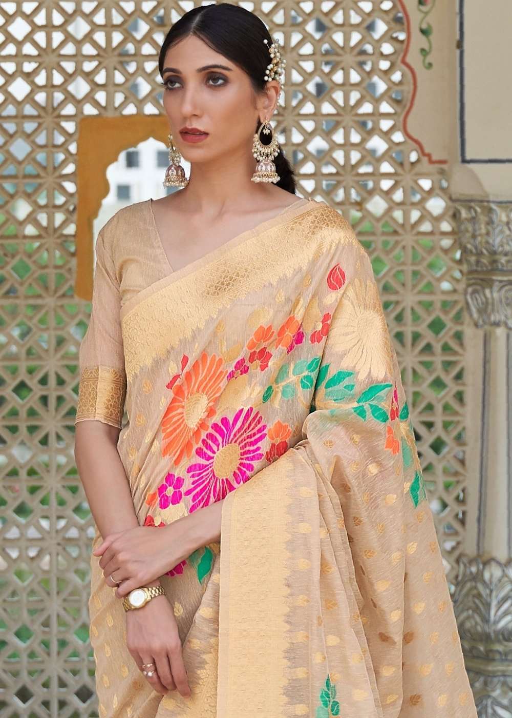 Beige Brown Floral Embroidered Linen Silk Saree - Colorful Saree